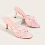 Summer Round Toe Pink Mesh Bow High-Heeled