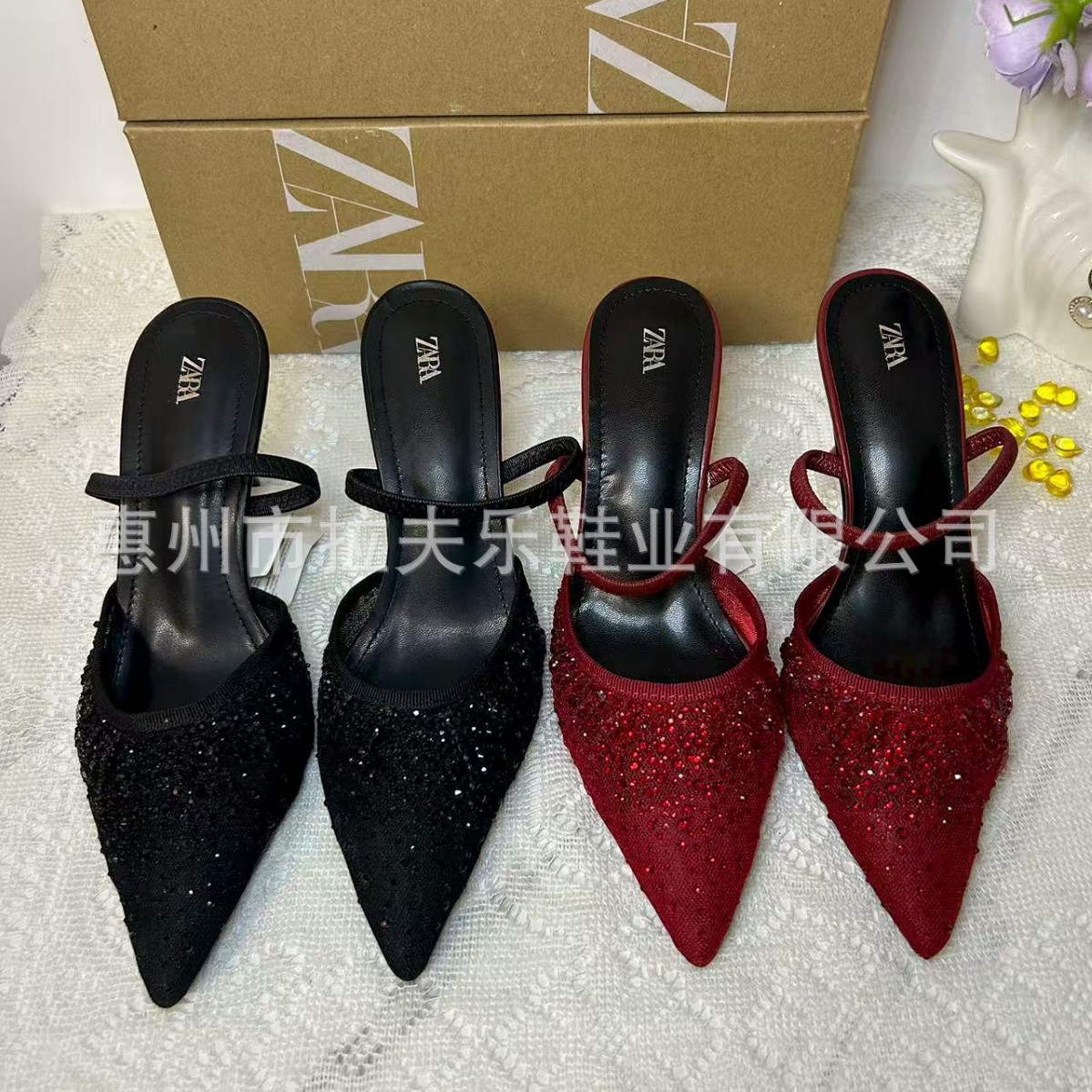 57 ZA2025 mesh breathable rhinestone pointed high heels - Image 1