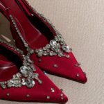 Red Satin High Heels Exquisite Crystal Wedding Shoes - Image 2