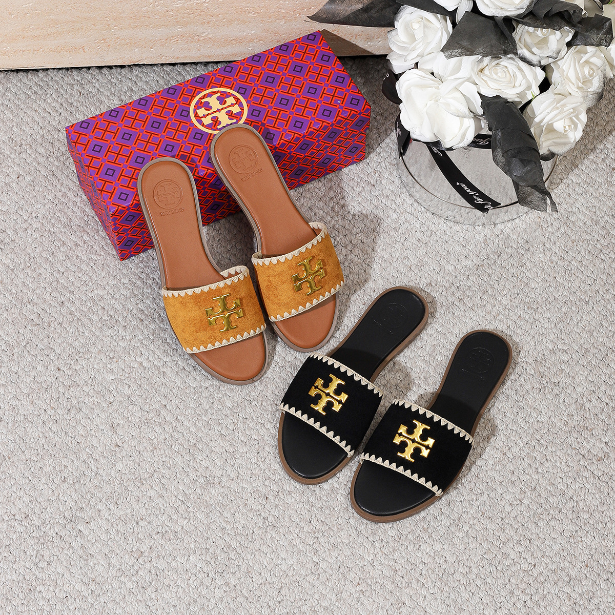 379 Tb Summer Versatile Flat Casual Women's Genuine Leather Slippers - Image 1