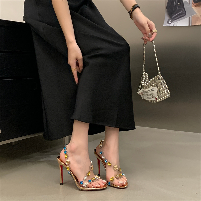 396 Mi Ting Colorful Rhinestone High-Heeled Transparent Strap Crystal Shoes - Image 1
