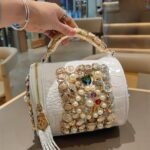 Rhinestone and pearl embellished mini leather cylindrical bag for women