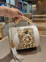 Rhinestone and pearl embellished mini leather cylindrical bag for women