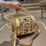 Rhinestone and pearl embellished mini leather cylindrical bag for women - Image 2