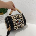 Rhinestone and pearl embellished mini leather cylindrical bag for women - Image 4