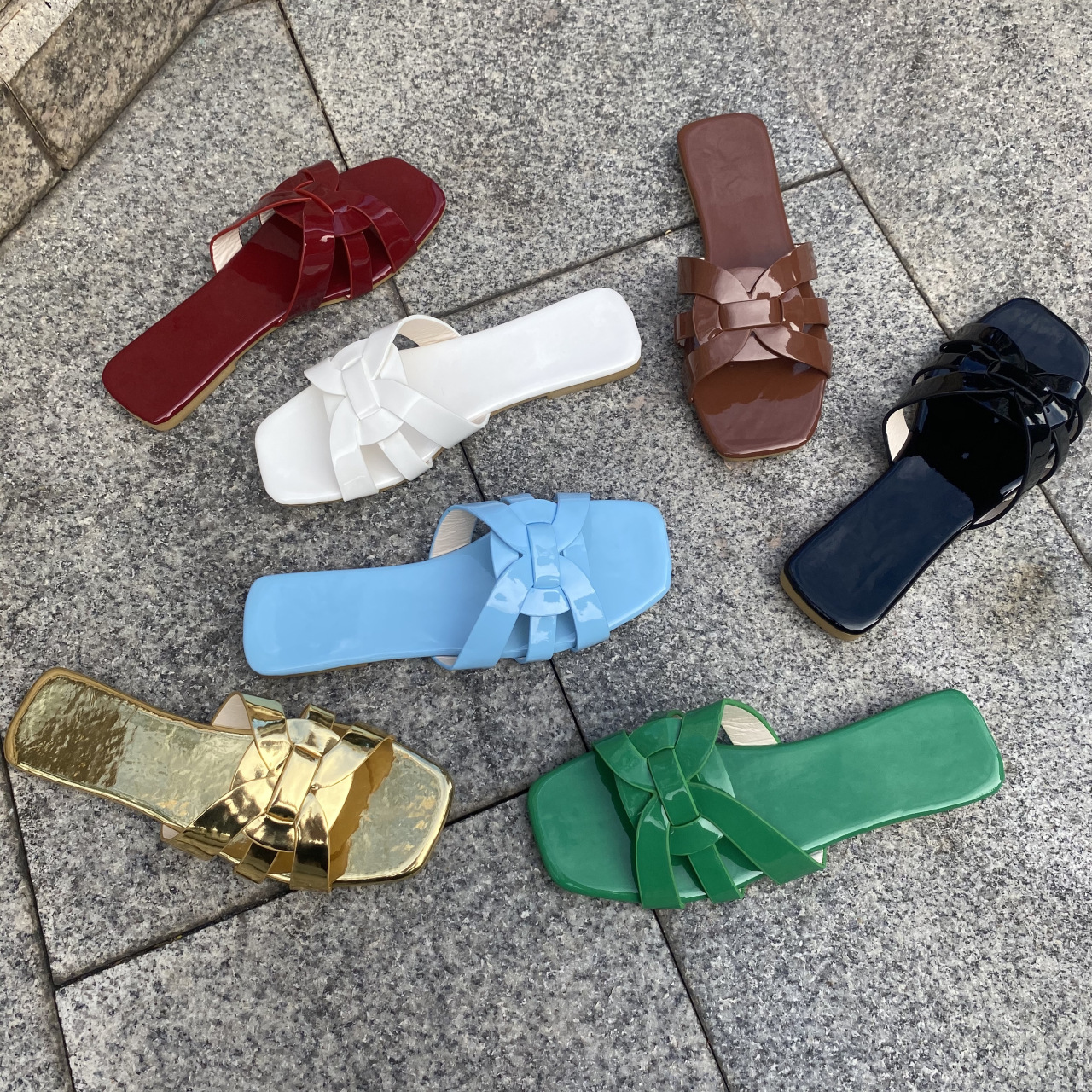 477 Cross-Strap Square-Toe Flat Slippers - Image 1