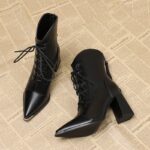 European and American style black lace-up square-toed chunky mid-heel Martin boots - Image 5